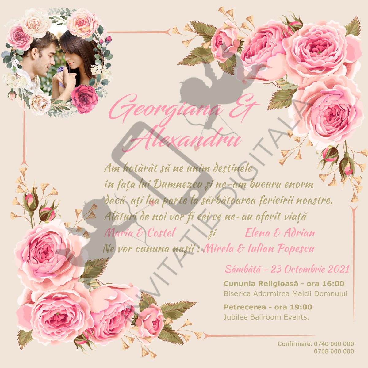 invitatie de nunta digitala online cu trandafiri roz