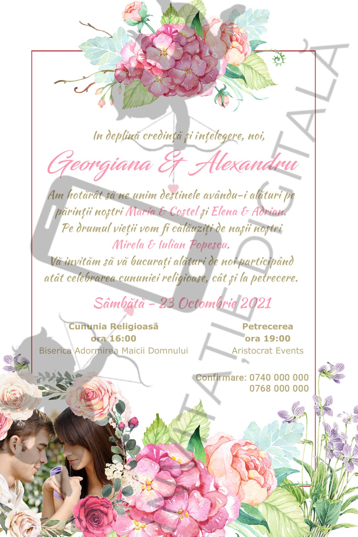 Invitație Nuntă digitală cu flori roz și fotografie - Floral 004