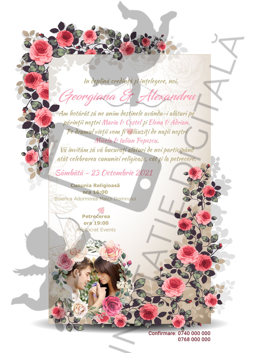 Invitație Nuntă digitală cu trandafiri roșii - Floral 005